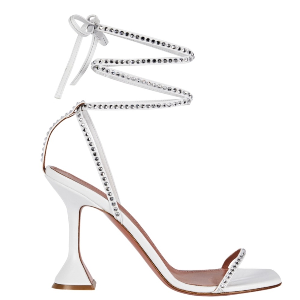 Amina Muaddi Vita Leather Wrap Sandal in Ivory & Crystal (7.5)